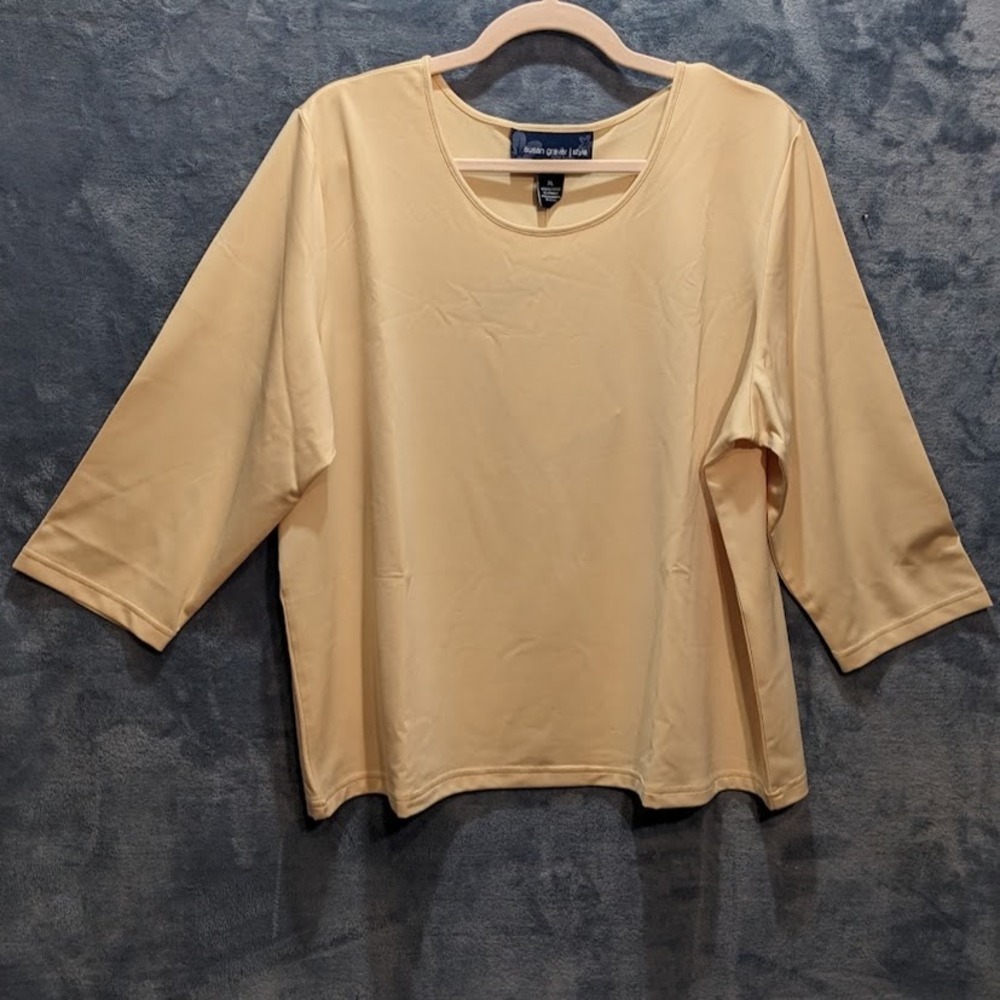 Susan Graver Style XL Beige 3/4 Sleeve Scoop Neck Liquid Knit Top A7233